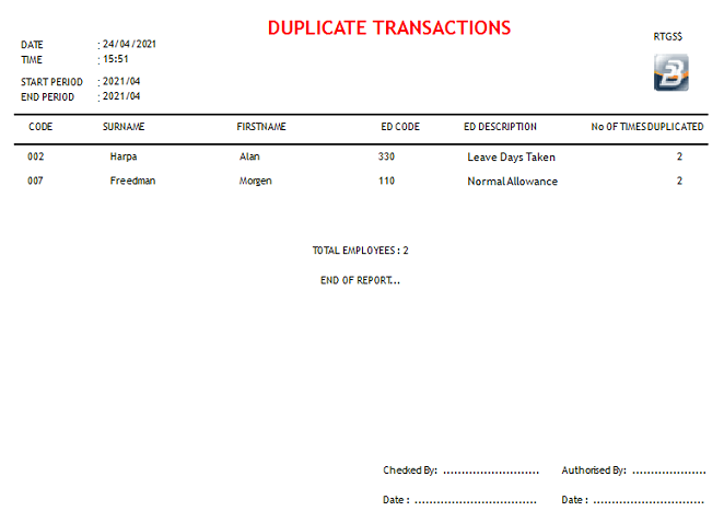 Reports - Duplicate Transactions