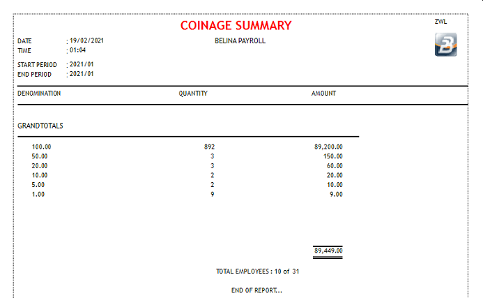 Reports - Coinage Summary