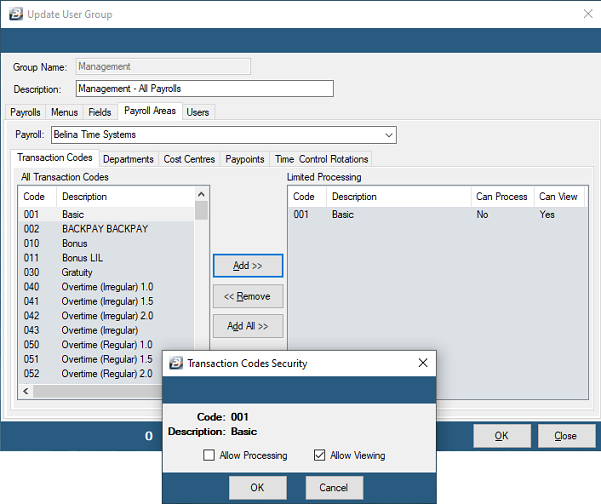 Security - Groups - Payroll Areas Tab - Transactions