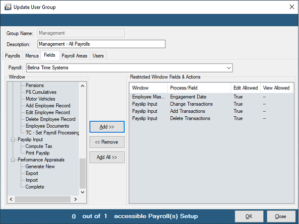 Security - Groups - Fields Tab