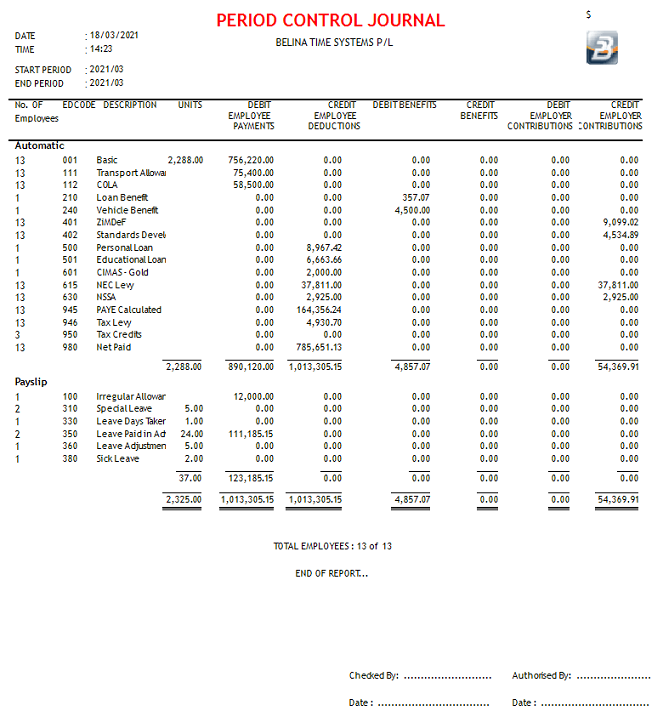 Reports - Period Control Journal
