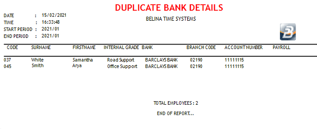 Reports - Duplicate Bank Details (Exceptions)