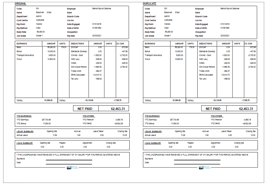 Reports - Payslips - Duplicate Belina Confidential Payslip