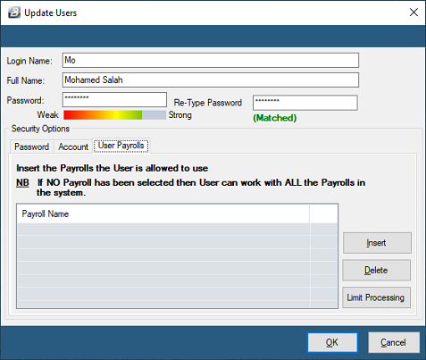 Security - Users - User Payrolls Tab