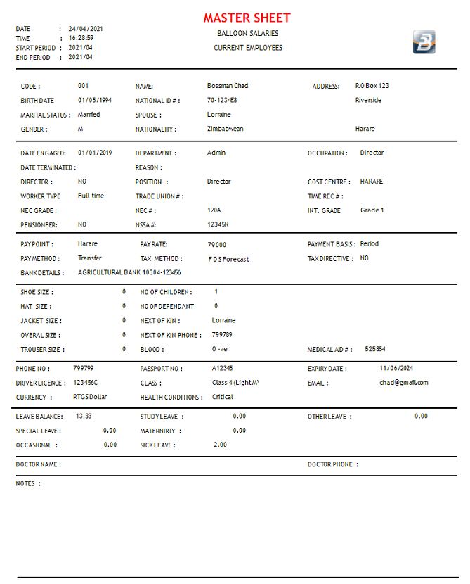 Reports - Master Sheet