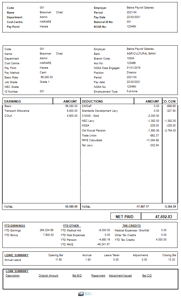Reports - Payslips - Belina Confidential Payslips