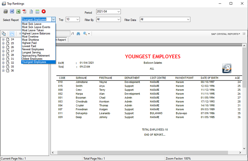 Reports - Youngest Employees (Ranking Reports)