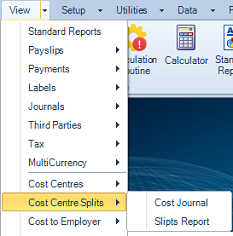 Reports Menu - Cost Centre Splits