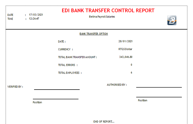 Reports - EDI Bank Transfer Control