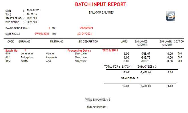 Reports - Batch Input