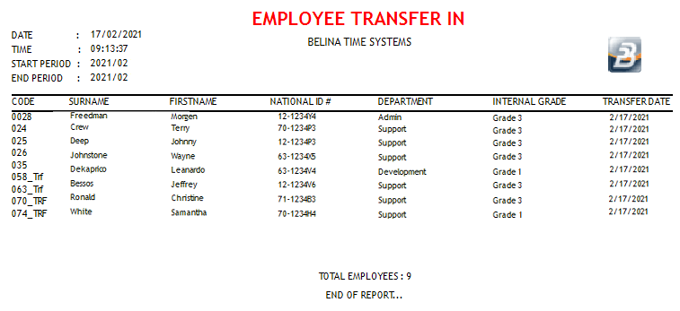 Reports - Employee Transfer In