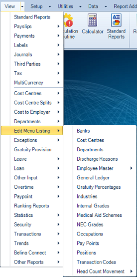 Reports Menu - Edit Menu Listing
