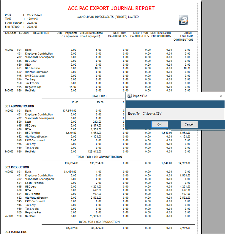 AccPac Export Report