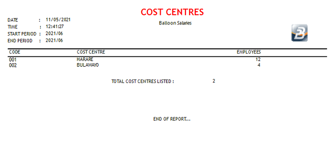 Reports - Cost Centres