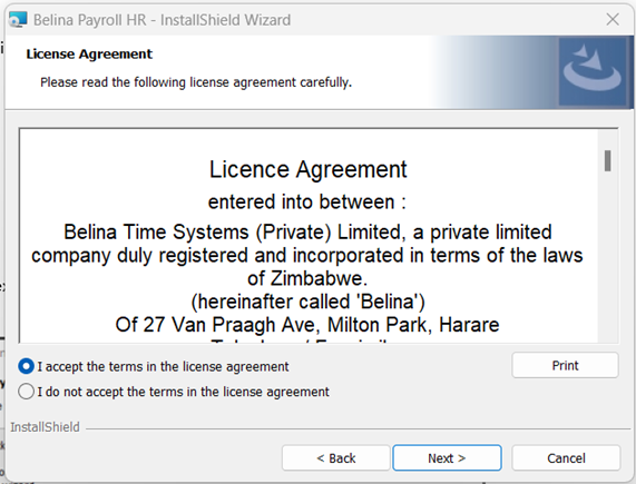 License Agreement Screen