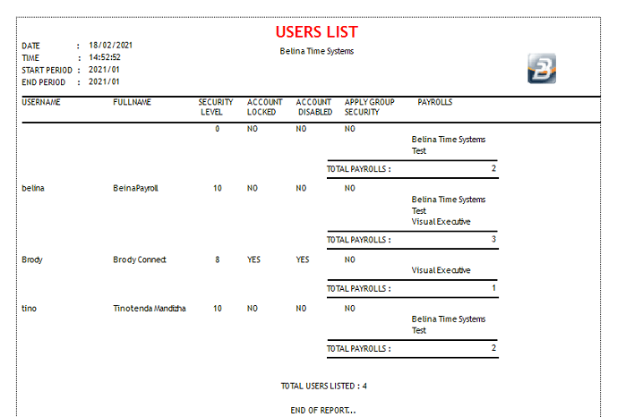 Reports - Users List