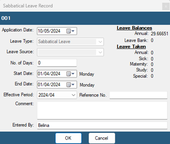 Sabbatical Leave Payslip Input