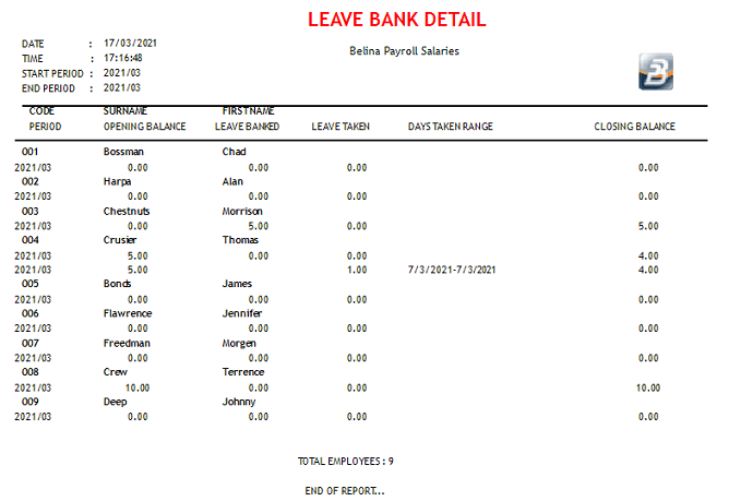 Reports - Leave Bank Details