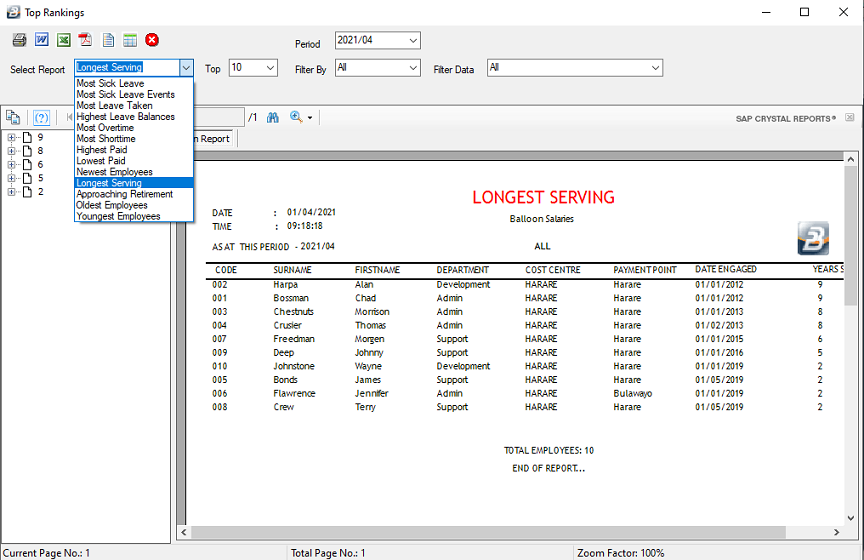 Reports - Longest Serving (Ranking Report)
