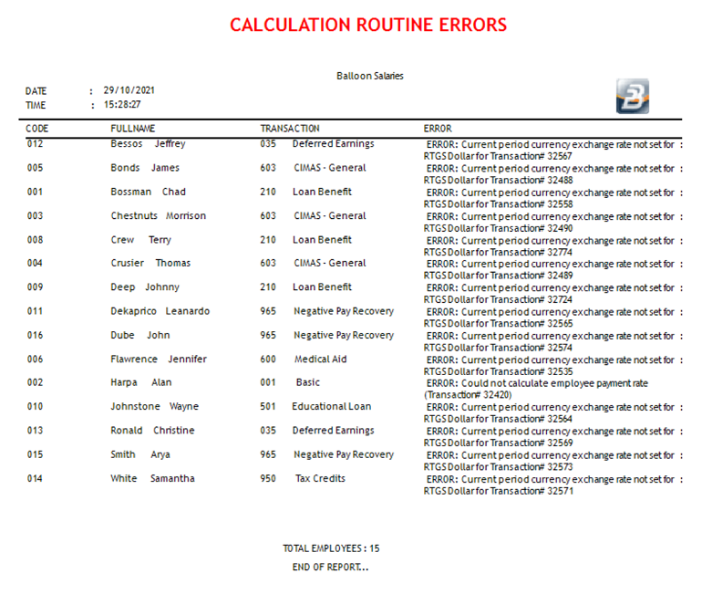 Reports - Calculation Routine Errors