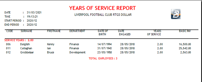 Reports - Years of Service