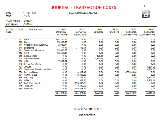 Reports - Journal - Transaction Codes