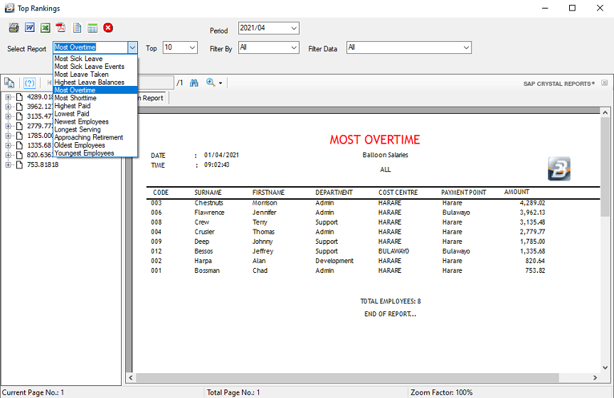 Reports - Most Overtime (Ranking Reports)