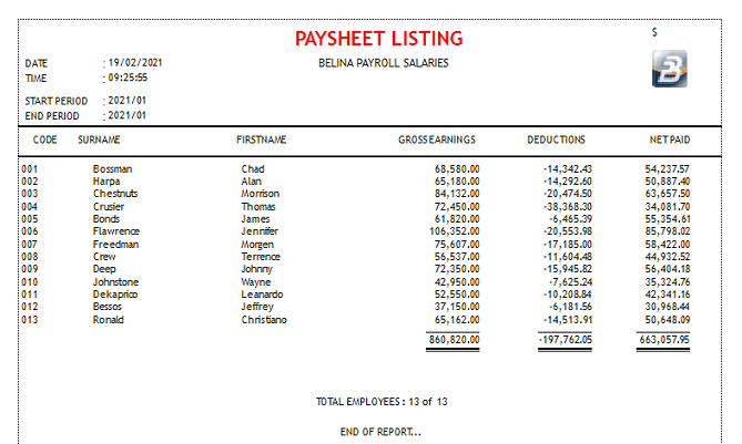 Reports - Pay Sheet Listing