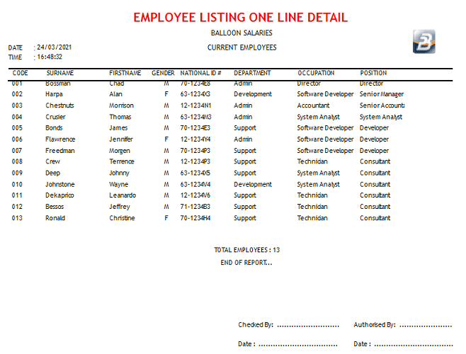 Reports - Employee Listing One Line Detail