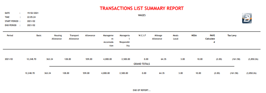 Reports - Transactions List Summary