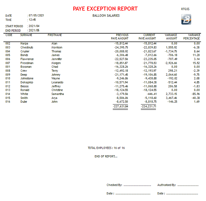 Reports - PAYE Exception