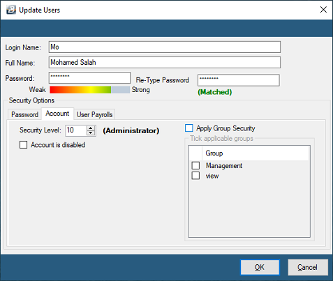 Security - Users - Account Tab