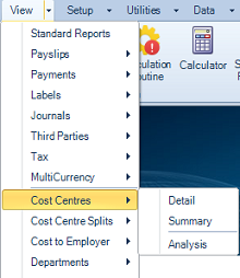 Reports Menu - Cost Centres