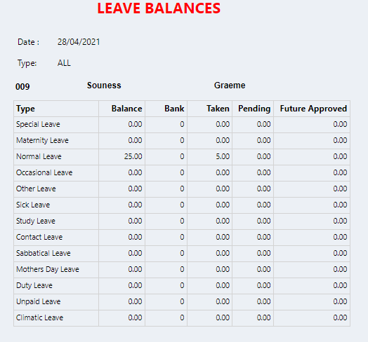 Connect Reports - Employee - Balances - Leave