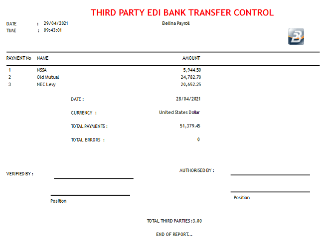 Reports - Third Party EDI Bank Transfer Control