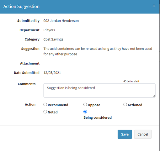 Connect - Suggestion Action Table