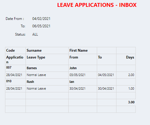 Connect Reports - Management - Applications - Leave Inbox