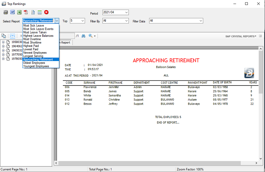 Reports - Approaching Retirement (Ranking Reports)