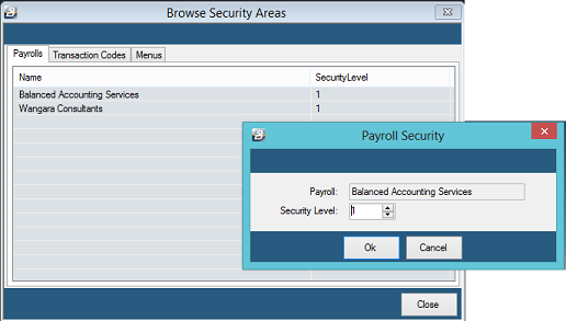 Security - Areas - Payrolls Tab