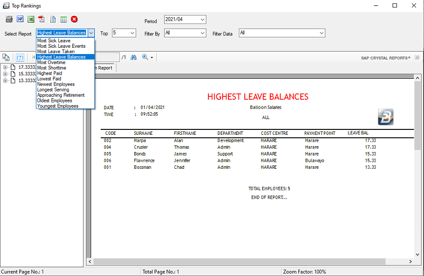 Reports - Highest Leave Balance (Ranking Reports)