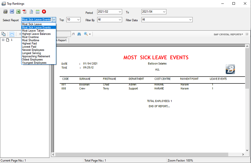 Reports - Most Sick Leave Events (Ranking Reports)