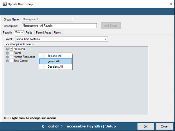 Security - Groups - Menus Tab