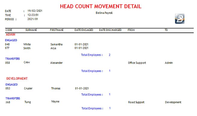 Reports - Head Count Movement Detail