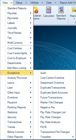 Reports Menu - Exceptions