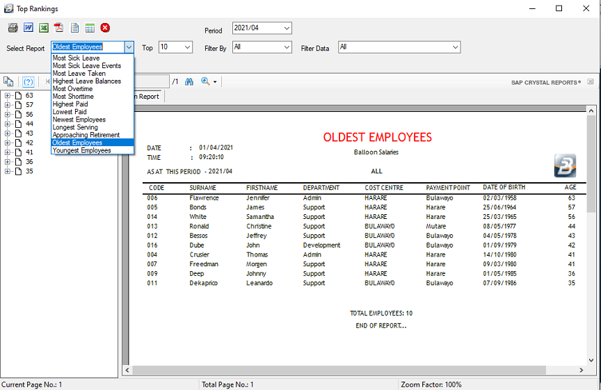 Reports - Oldest Employees (Ranking Reports)