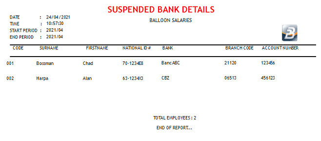 Reports - Suspended Bank Details