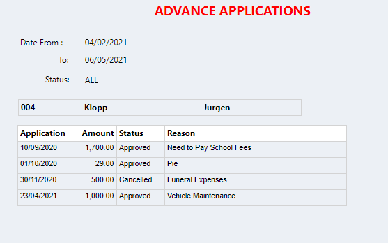Connect Reports - Employee - Applications - Advance