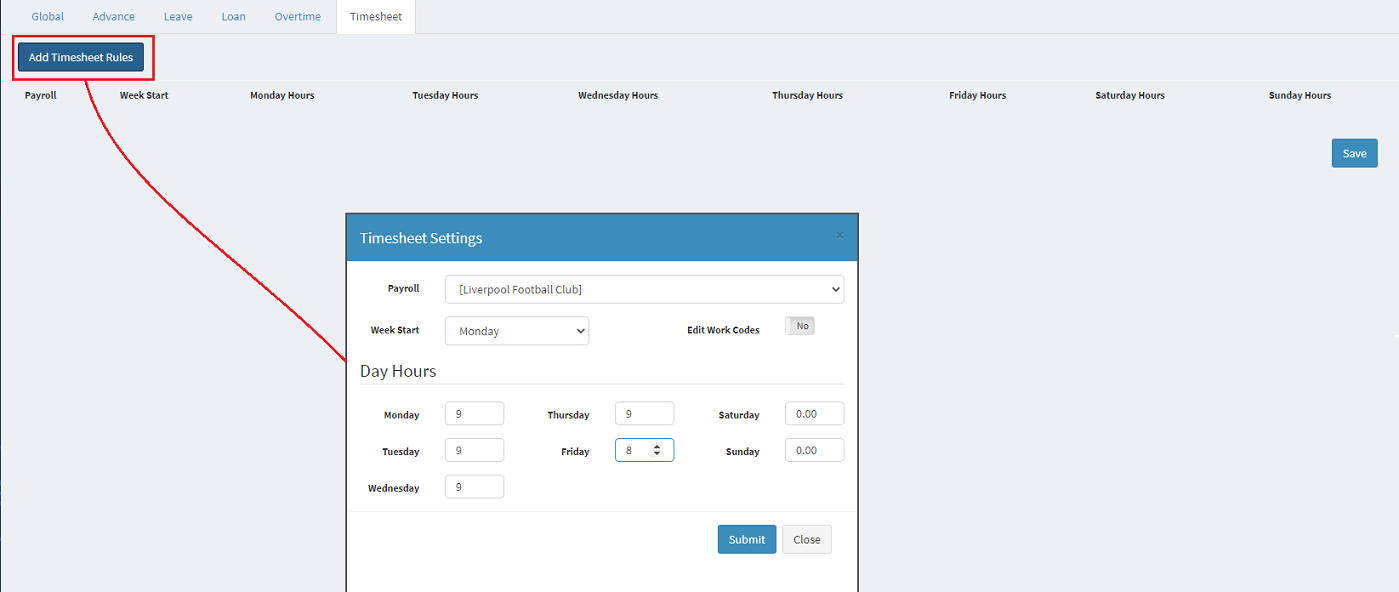Connect - Settings - Timesheets