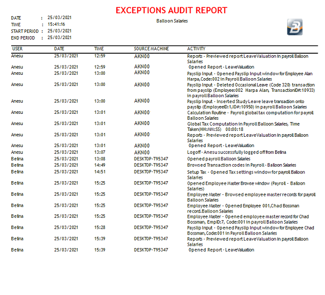 Reports - Exceptions Audit