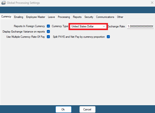 Global defaults Currency Tab